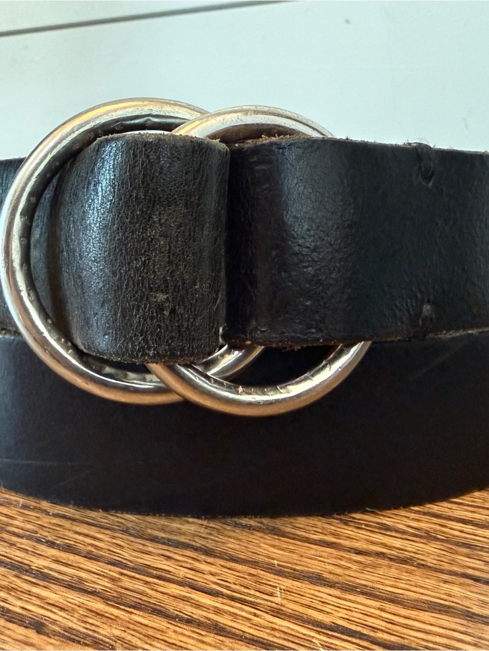 Vintage 80’s J. Crew Black Leather Double-Ring Belt with Silver Hardware - Picture 5 of 11